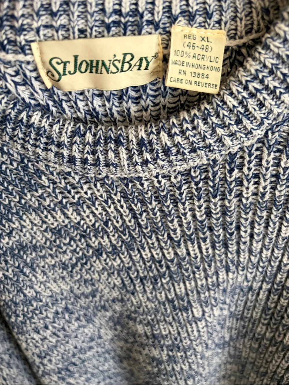 Vintage St. John's Bay Men's Navy and White Marled Crewneck Sweater